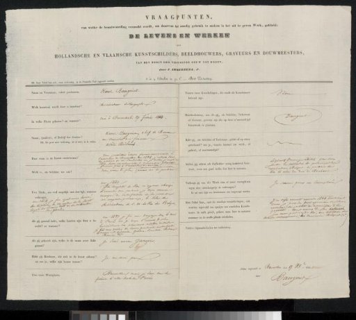 Questionnaire filled in by Charles Baugniet