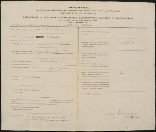 Questionnaire filled out by Petrus Franciscus Greive