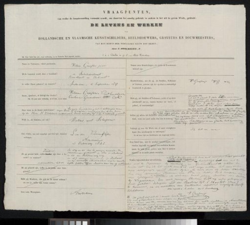 Questionnaire filled out by Willem (Jr.) Gruyter
