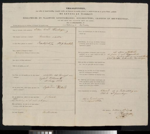 Questionnaire filled out by Johan Coenraad Hamburger