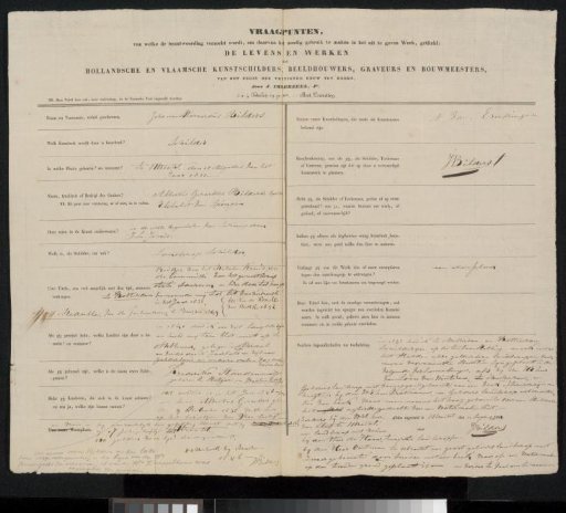 Questionnaire filled out by Johannes Warnardus Bilders