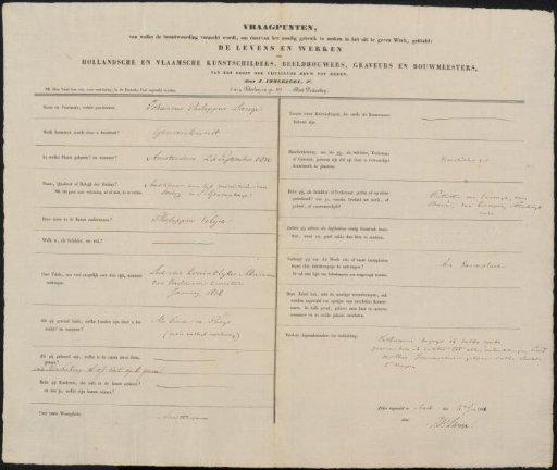 Questionnaire filled out by Johannes Philippus Lange