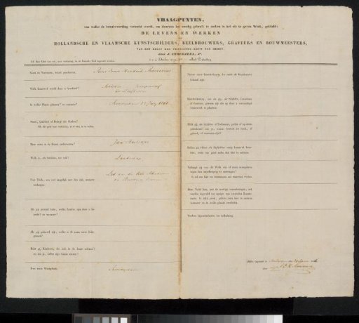 Questionnaire filled out by Pieter Ernst Hendrik Praetorius