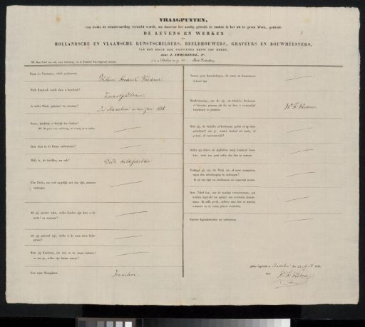 Questionnaire filled out by Willem Fredrik Weidner