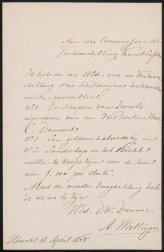 Letter to the Committee of the Exhibition at the Genootschap Kunstliefde