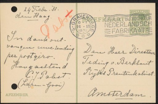 Letter to Jonkheer Hendrik Teding van Berkhout (1879-1969)