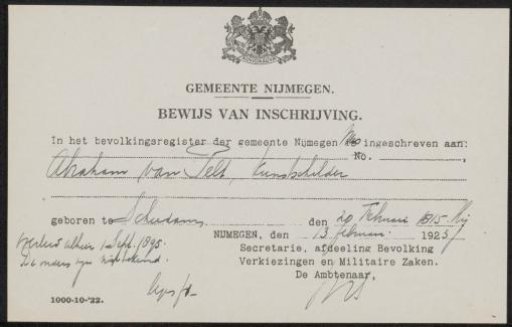 Proof of Registration in the Population Register of Abraham van Pelt