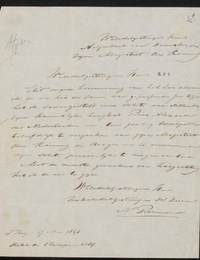 Letter to the adjutant on duty of King William II of the Netherlands