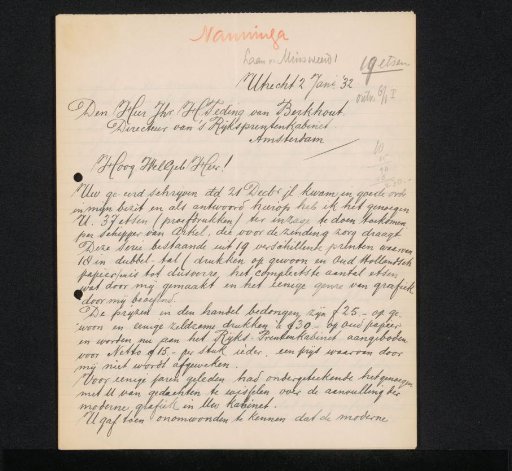 Letter to jonkheer Hendrik Teding van Berkhout (1879-1969)