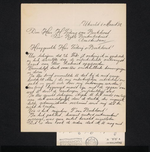 Letter to Jonkheer Hendrik Teding van Berkhout (1879-1969)