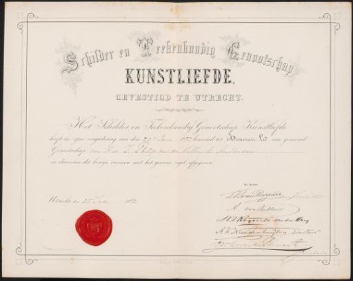 Appointment of Johan Philip van der Kellen as honorary member of the Genootschap Kunstliefde