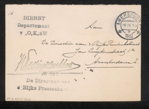Postcard to jonkheer Hendrik Teding van Berkhout (1879-1969)
