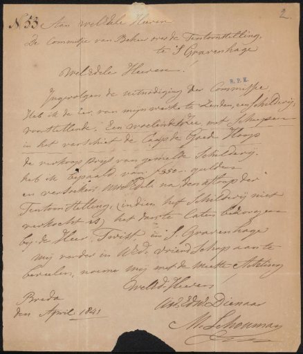 Letter to the committee of the Exhibition of Living Masters in The Hague