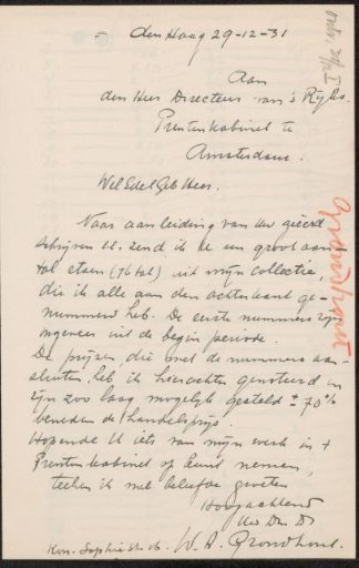 Letter to Jonkheer Hendrik Teding van Berkhout (1879-1969)