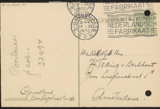 Postcard to Jonkheer Hendrik Teding van Berkhout (1879-1969)