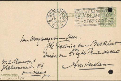 Postcard to Jonkheer Hendrik Teding van Berkhout (1879-1969)