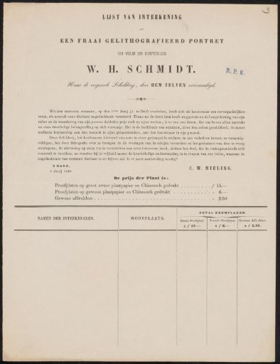 Subscription list for a portrait of Willem Hendrik Schmidt