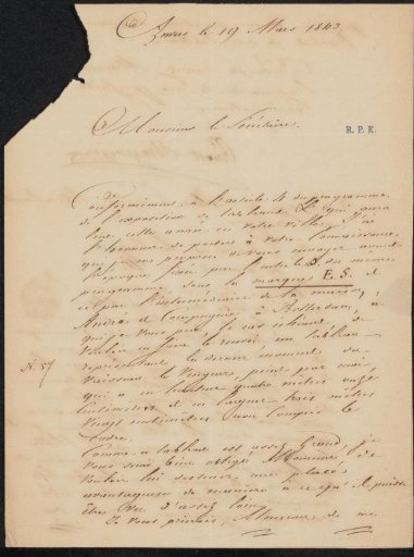Letter to jonkheer H.P.F. Hooft, secretary of the committee of the Exhibition of Living Masters in The Hague