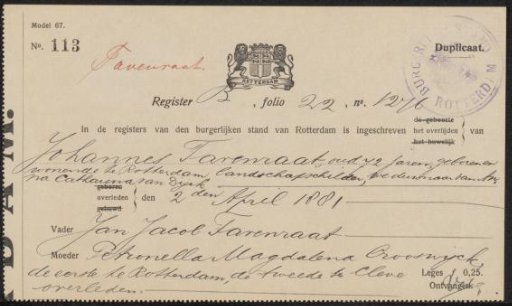 Extract from the civil registry concerning Johannes Tavenraat
