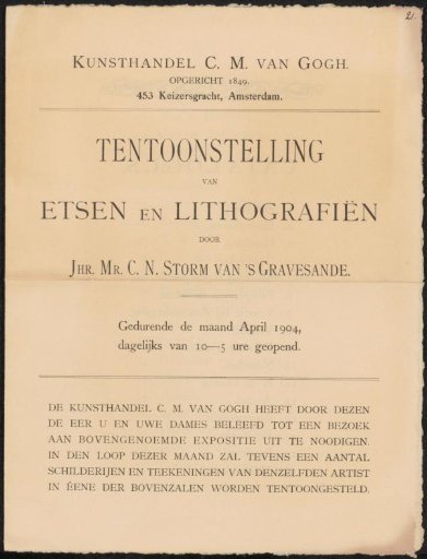 Invitation to an exhibition of etchings and lithographs by Carel Nicolaas Storm van 's-Gravesande