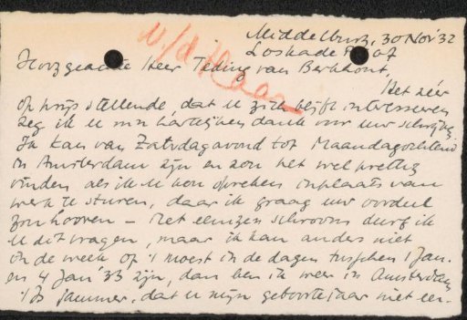 Letter to Jonkheer Hendrik Teding van Berkhout (1879-1969)