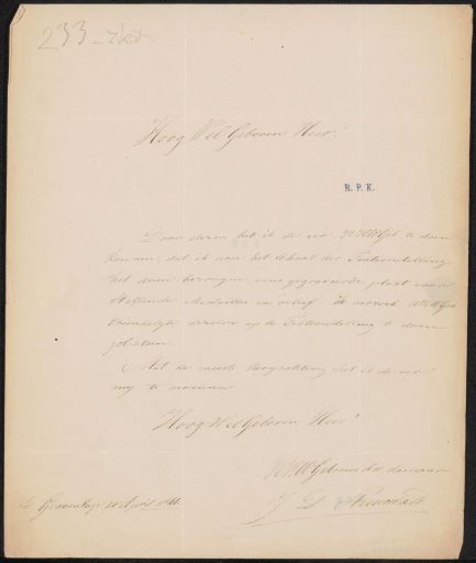 Letter to Jonkheer H.P.F. Hooft, secretary of the committee of the Exhibition of Living Masters in The Hague