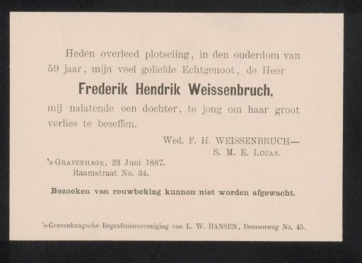 Obituary concerning Frederik Hendrik Weissenbruch