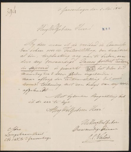 Letter to G.M.C. Hooft, secretary of the commission of the Exhibition of Living Masters in The Hague