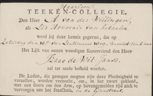 Notification of the burial of Izaak Jansz. de Wit to Adriaan van der Willigen