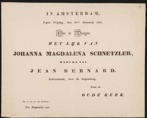 Invitation to the funeral of Johanna Magdalena Schnetzler