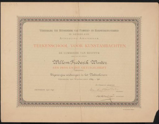 Certificate for Willem Frederik Winter