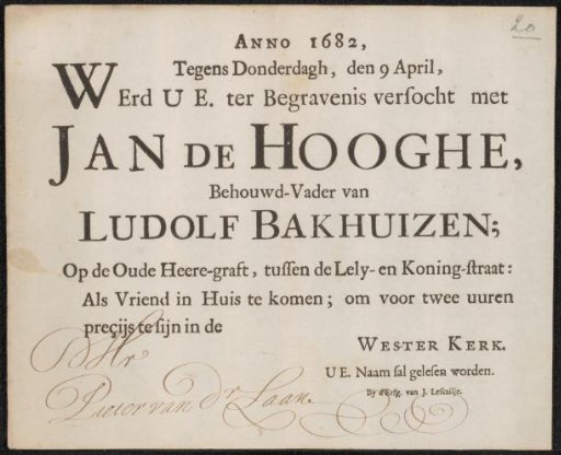 Invitation to Pieter van der Laan for the funeral of Johannes (Jan) de Hooghe (1608-1682)