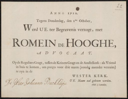 Invitation to Johannes Bakhuysen for the funeral of Romein de Hooghe (1638-1710)