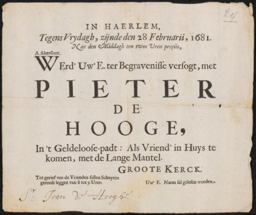 Invitation to Johannes de Hooghe for the funeral of Pieter de Hooghe