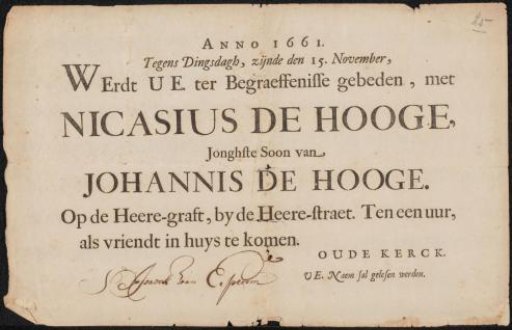 Invitation to Isaac van Erpecum for the funeral of Nicasius de Hooghe