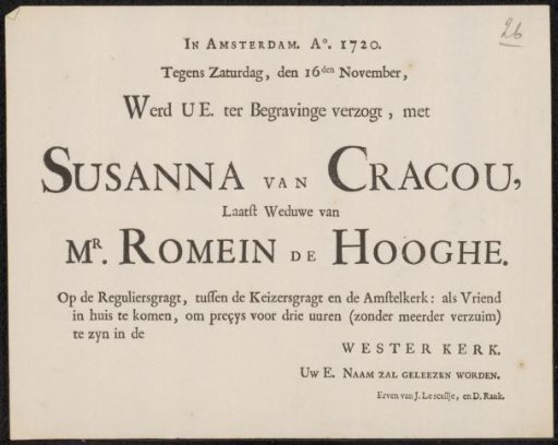 Invitation to the funeral of Susanna van Cracou
