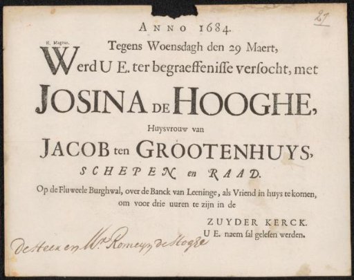 Invitation to Romeyn de Hooghe for the funeral of Josina de Hooghe