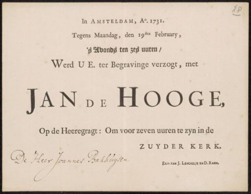Invitation to Johannes Backhuysen for the funeral of Johannes de Hooghe (1650-1731)
