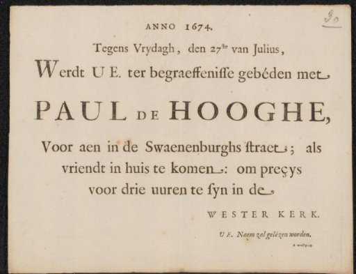 Invitation to the funeral of Paul de Hooghe (1611-1674)