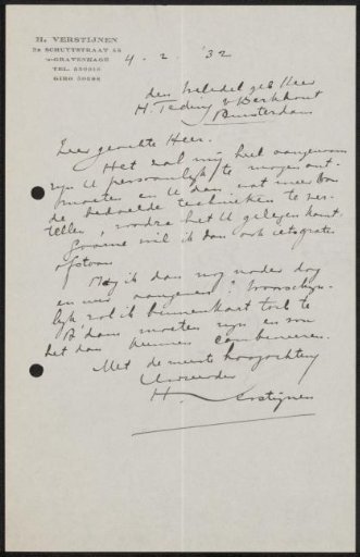 Letter to Jonkheer Hendrik Teding van Berkhout (1879-1969)