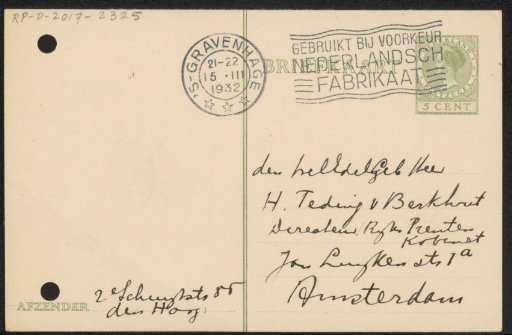 Postcard to Jonkheer Hendrik Teding van Berkhout (1879-1969)