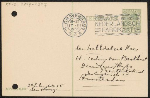 Postcard to Jonkheer Hendrik Teding van Berkhout (1879-1969)