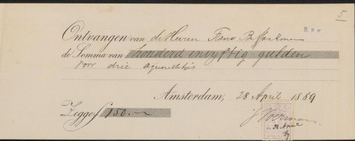 Receipt for Jan Voerman (1857-1941)