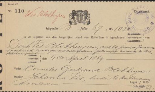 Document concerning the death of Dirk Vis Blokhuyzen