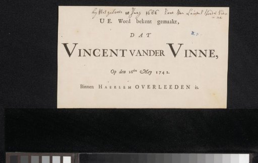 Death notice concerning Vincent Laurensz. van der Vinne (II)