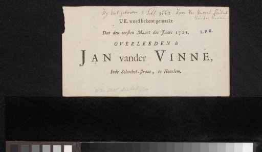 Death notice concerning Jan Vincentsz. van der Vinne