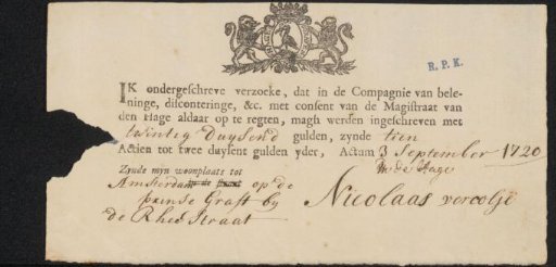 Subscription for the Compagnie van beleningen