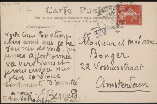 Picture postcard to Andries Bonger and Anne Marie Louise van der Linden