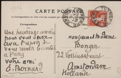 Picture postcard to Andries Bonger and Anne Marie Louise van der Linden