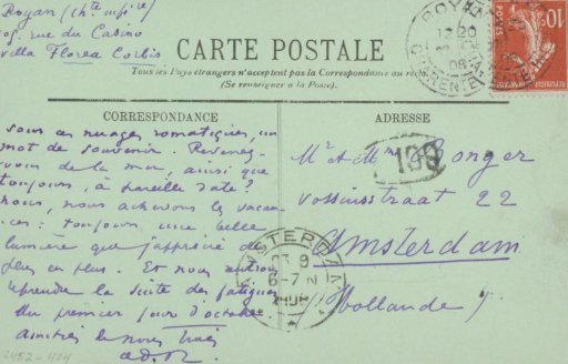 Postcard to Andries Bonger and Anne Marie Louise van der Linden